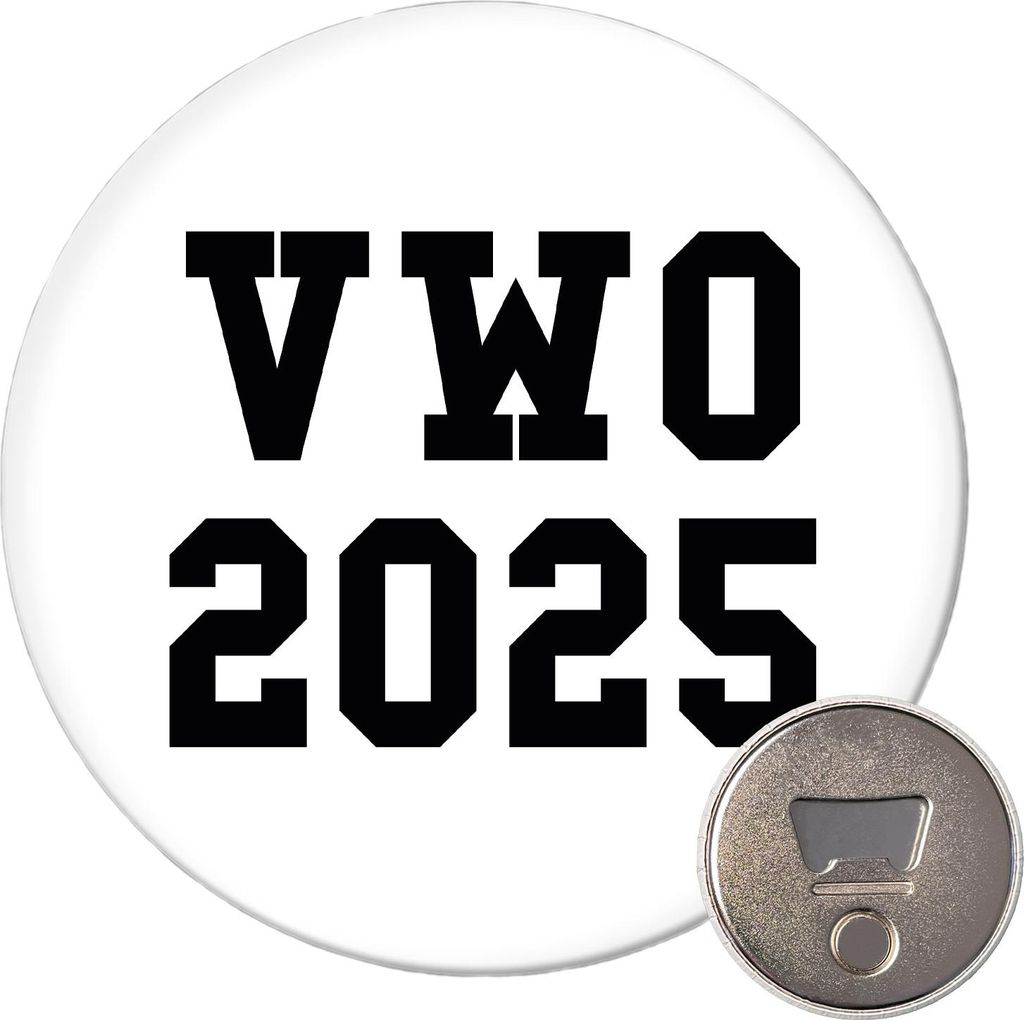 Huuraa Magnet VWO 2025 Abschluss Niederlande 59mm Kühlschrankmagnet rund Flaschenöffner Geschenkidee