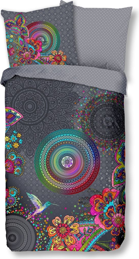 A top-down view of a bedding set, including a duvet cover and pillowcases, laid out flat.