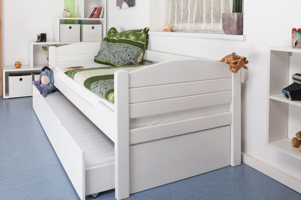 Einzelbett / Ausziehbett "Easy Premium Line" K1/s Voll inkl. 2. Liegeplatz und 2 Abdeckblenden, 90 x 200 cm Buche Vollholz massiv weiß lackiert