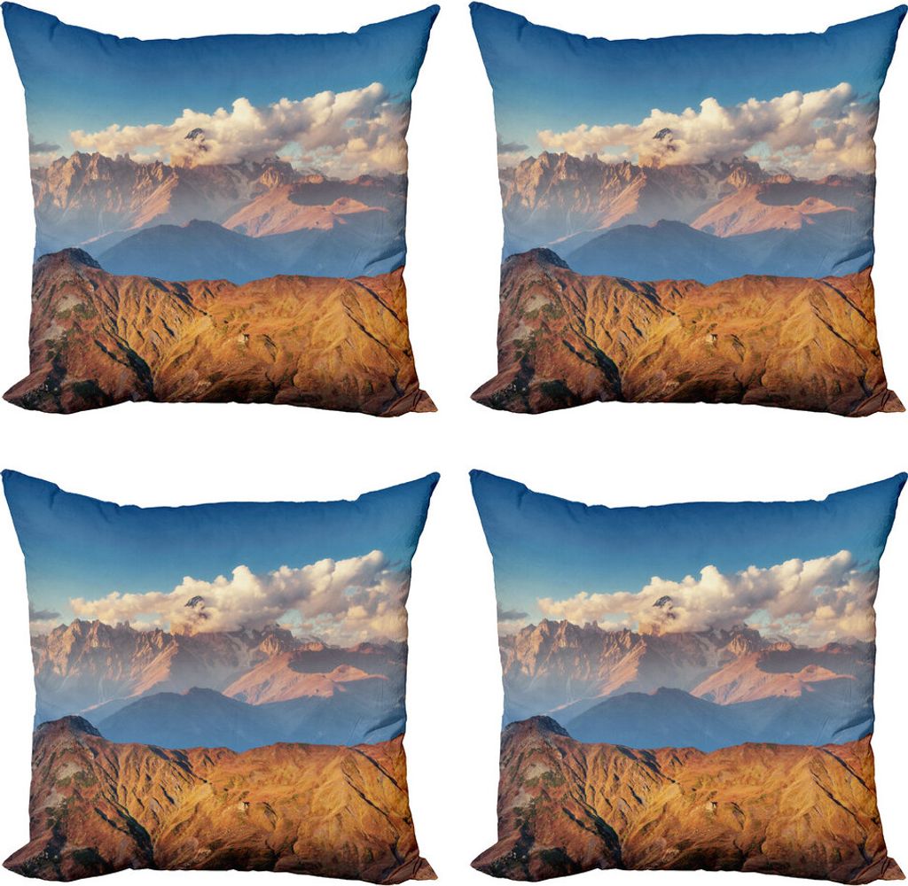 ABAKUHAUS Landschaft Kissenbezug Set (4 Stück), Europäische Gebirge, Moderner Doppelseitiger Digitaldruck, 60 cm x 60 cm, Braun Blau Weiß