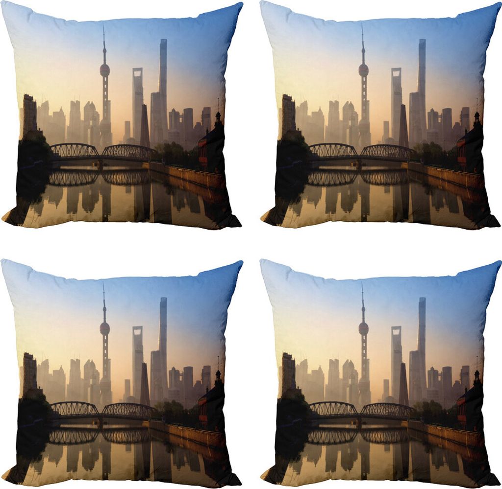 ABAKUHAUS Landschaft Kissenbezug Set (4 Stück), Shanghai Morning View, Moderner Doppelseitiger Digitaldruck, 45 cm x 45 cm, blau, Braun,