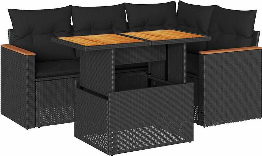 5tlg. Garten-Sofagarnitur mit Kissen Schwarz Poly Rattan Akazie