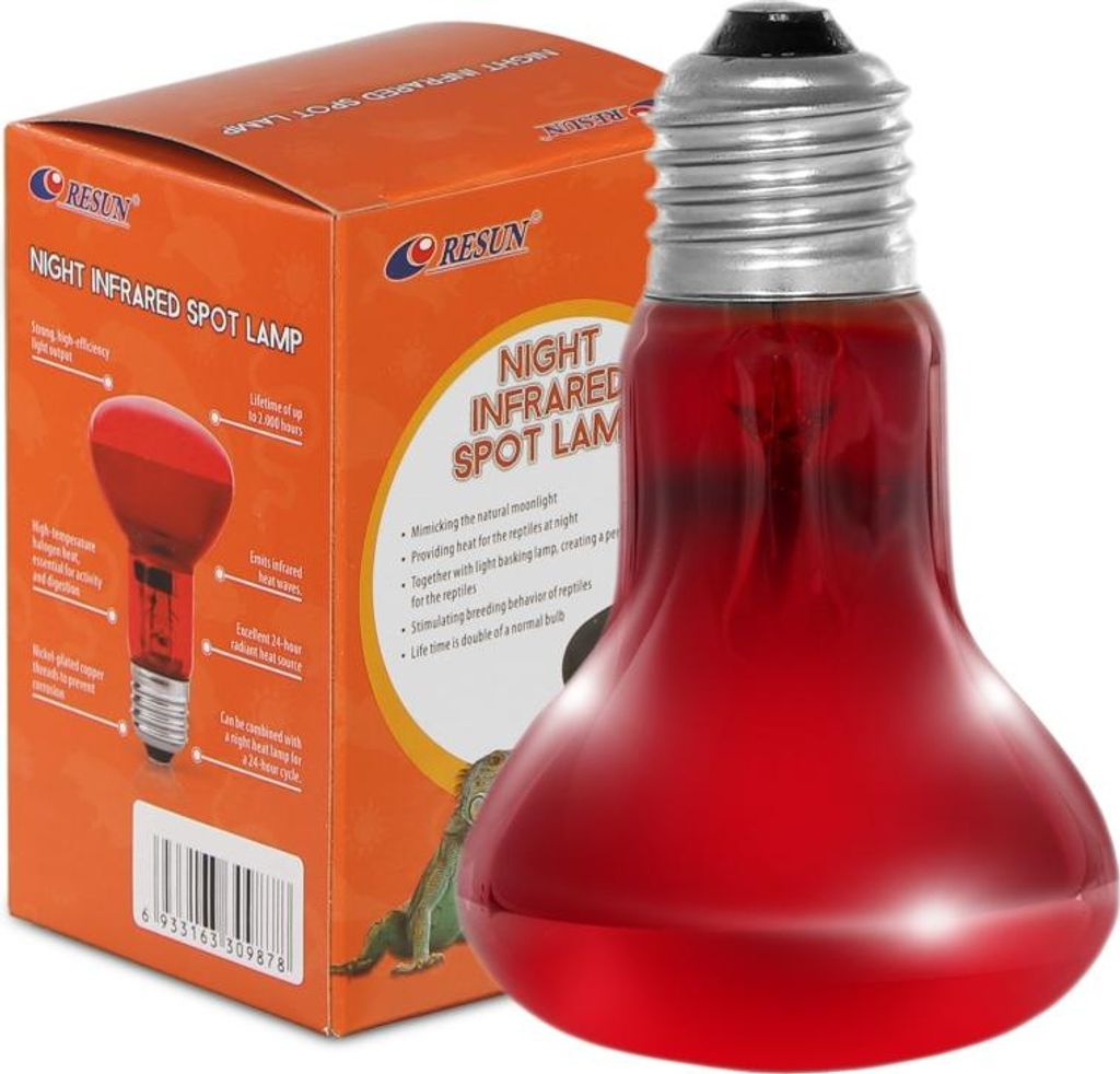A red infrared spot lamp and its orange packaging are shown against a white background.
