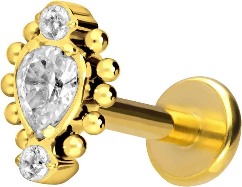 Ohrpiercing, Nasenpiercing Titan Labret mit Push Fit 3 EINGEFASSTE KRISTALLE + KUGELN Gold Stablänge: 10mm | Stabstärke: 1,2mm