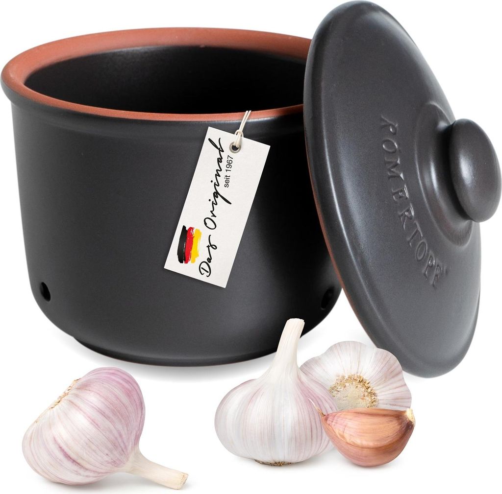 Römertopf Frische-Topf MINI 0,6 Liter - Knoblauchtopf Keramik - Atmungsaktiver Ton hält Gemüse länger Frisch - Ideale Luftzirkulation - Schwarz