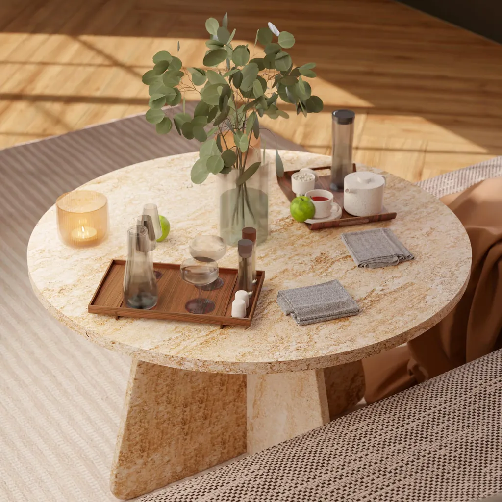 Table basse 58x58 cm aspect travertin beige structure MDF robuste salon - 3