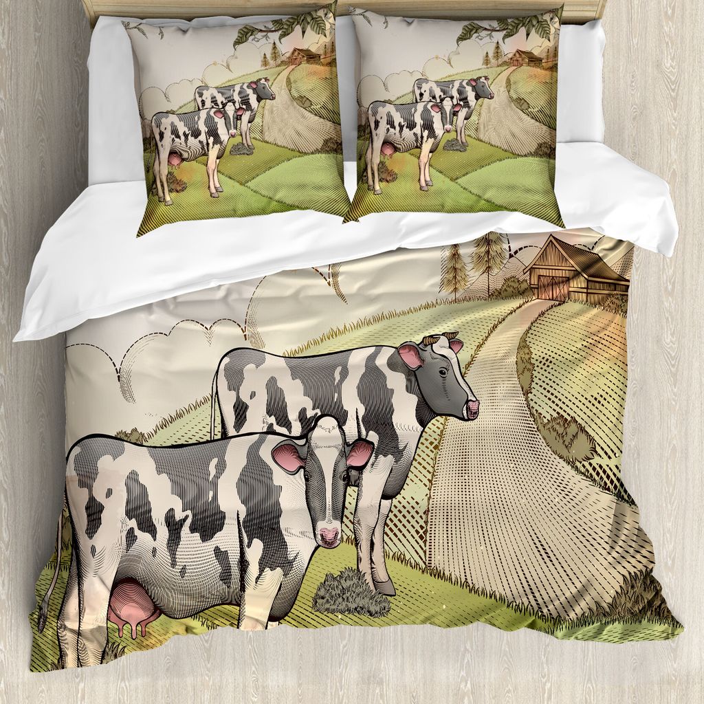 ABAKUHAUS Bauernhoftier Bettbezug Set für Einzelbetten, Milchkühe Land, Milbensicher Allergiker geeignet mit Kissenbezug, 155 cm x 220 cm - 80 x ...