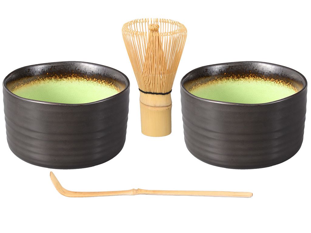 Matcha Set / Matchaset / 2x Matcha Schale 500ml, anthrazit/grün, mit Besen und Löffel