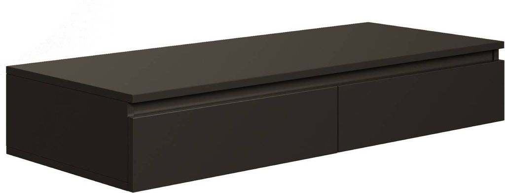 A dark brown floating desk with two drawers.