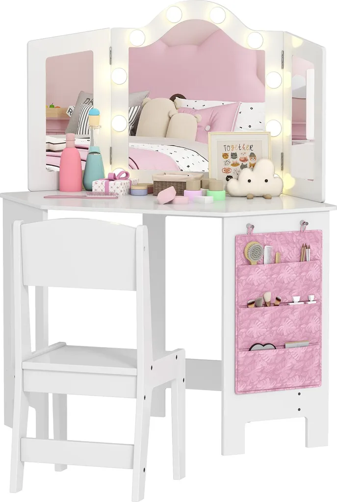 Table de maquillage enfant blanche avec lumières LED et miroir ajustable