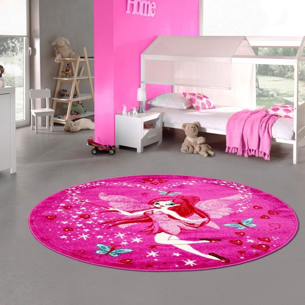Kinderteppich Spielteppich Kinderzimmer Teppich Fee Zauberfee mit Schmetterlingen Pink Größe - 120 cm Rund