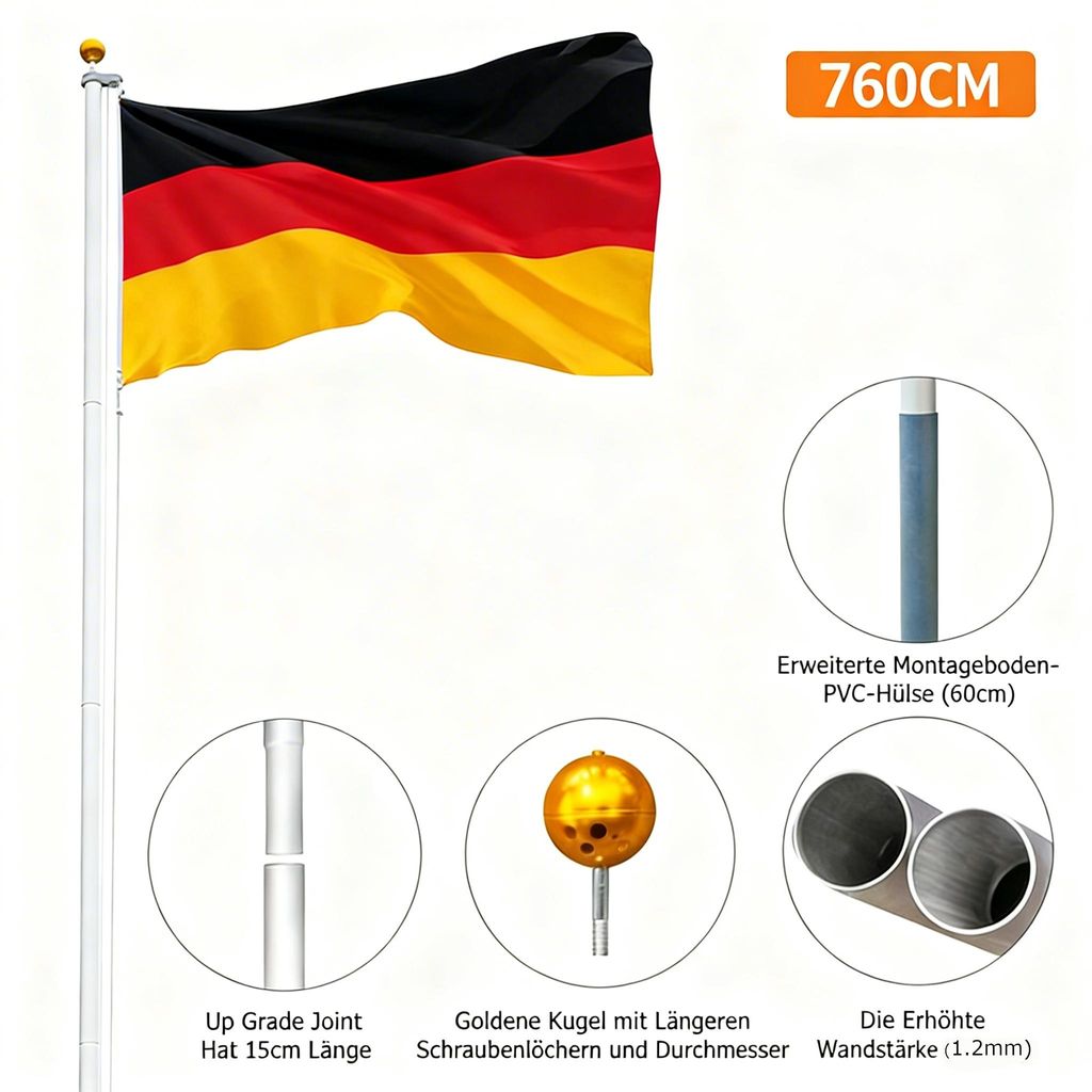 FCH 760cm Fahnenmast, Deutsche Flagge inkl , Segmentiertes Produktbild 