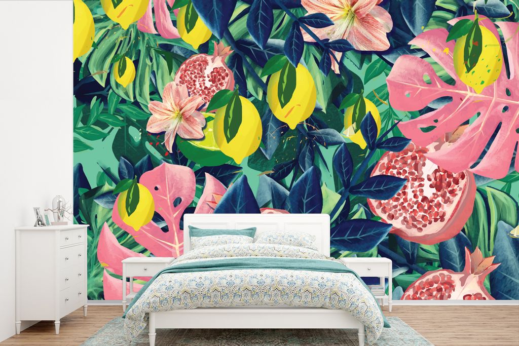 MuchoWow Fototapete für Wohnzimmer oder Schlafzimmer Wandtapete Vinyl Motivtapete Blumen - Früchte - Farben - 450x300 cm - Gemusterte