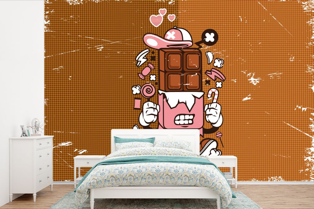 MuchoWow Fototapete für Wohnzimmer oder Schlafzimmer Wandtapete Vinyl Motivtapete Schokolade - Retro - Verpackung - 450x300 cm - Gemusterte