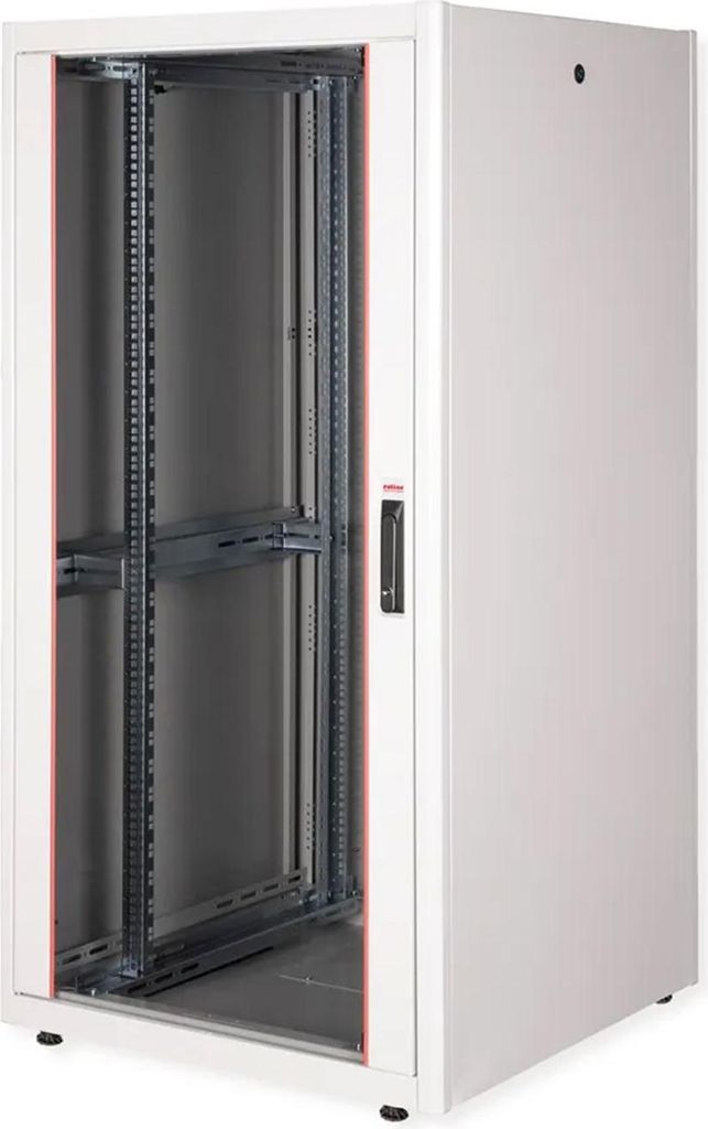 ROLINE 19-Zoll Netzwerkschrank Basic 32 HE, 800x800 BxT Glastür grau, Freistehendes Gestell, 32U, 600 kg, Ablageschienen, Verstellbare Füße, 77 kg