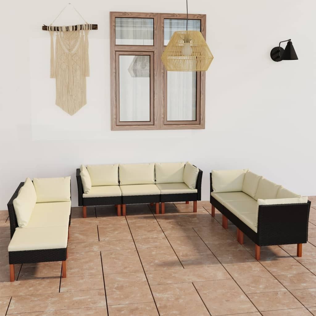 Möbel 9-tlg. Garten-Lounge-Set mit Kissen Poly Rattan Schwarz - Balkonmöbel 3059748