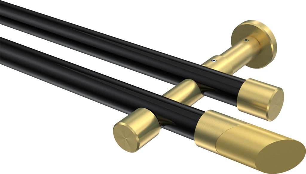Interdeco Gardinenstange / Vorhangstange Schwarz / Messing-Optik, Typ Prestige Verano (Schräge) ohne Ringe, 20 mm Ø 2-läufig, 600 cm