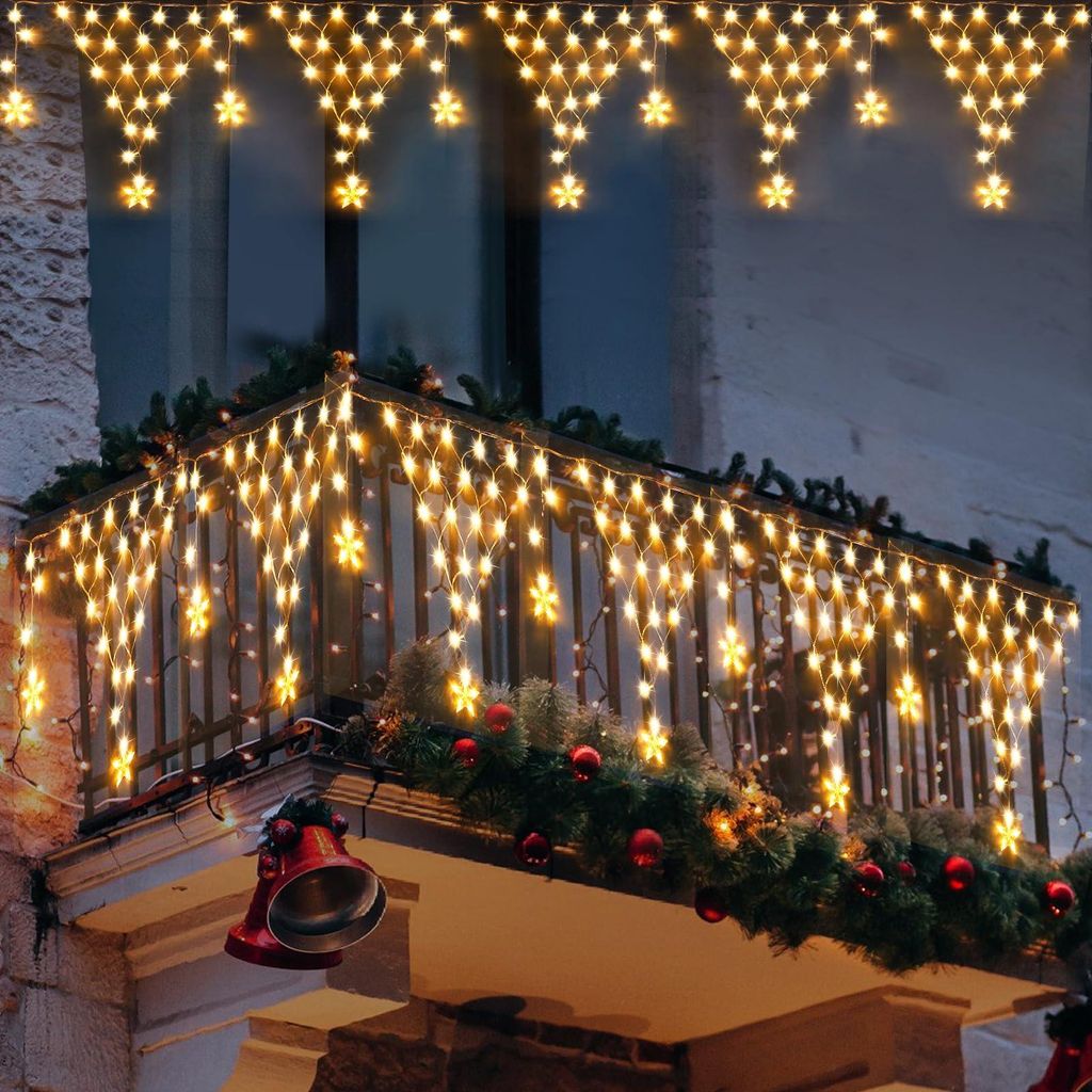 4M LED Lichterkette mit Stern Lichtervorhang 8 Lichtmodi Weihnachtsbeleuchtung für Weihnachten Zaun Wand Party Deko, Warmweiß