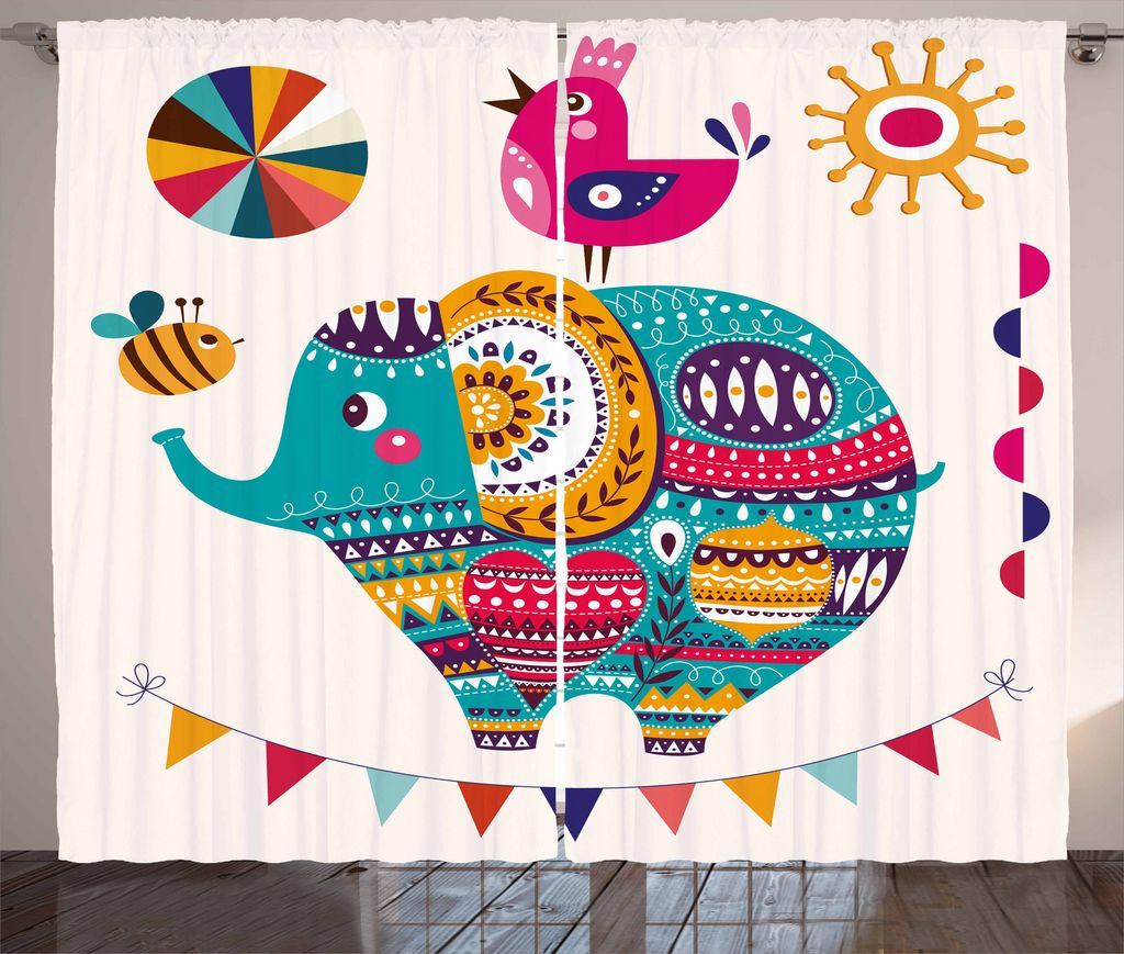 ABAKUHAUS Kindergarten Rustikaler Gardine, Elefant Vogel Bee Kunst, Schlafzimmer Kräuselband Vorhang mit Schlaufen und Haken, 280 x 175 cm, Mehrfa...