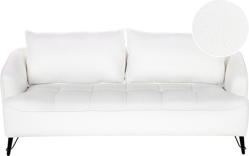 BELIANI 3-Sitzer Sofa Weiß Bouclé-Stoffbezug Gesteppt mit Hohen Metallbeinen Breite Armlehnen Lose Rückenkissen Freistehend Modern Wohnzimmer