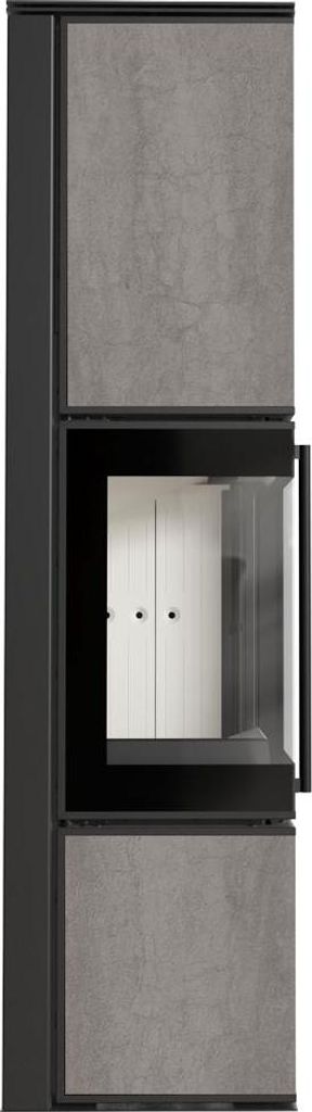 Kaminofen aus Stahl KRATKI TORA/L 8 kW Ø 150 Quarzsinter NATURALI PIETRA DI SAVOIA GRIGIA BOCCIARDATA mit Türfeder