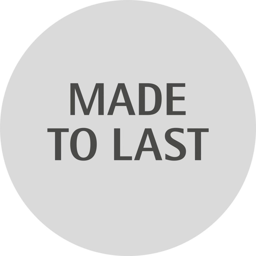 A grey circle with the text "MADE TO LAST" in dark grey.