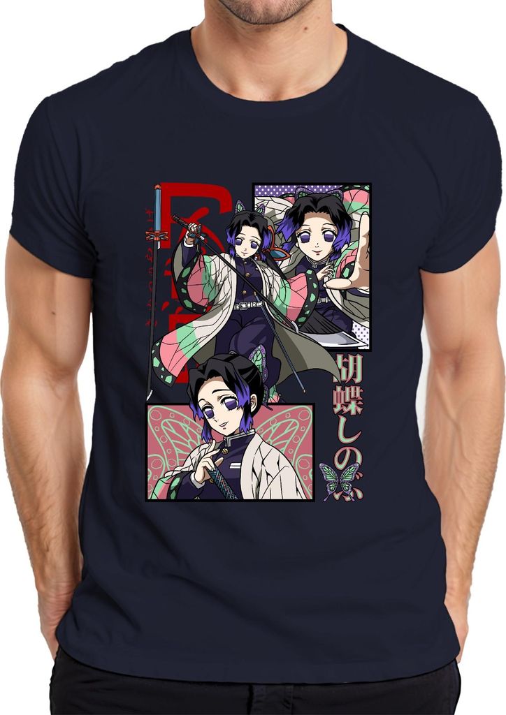 Shinobu Kocho Kimetsu no Yaiba Anime Schmetterling Katana Herren T-Shirt, Navy, S