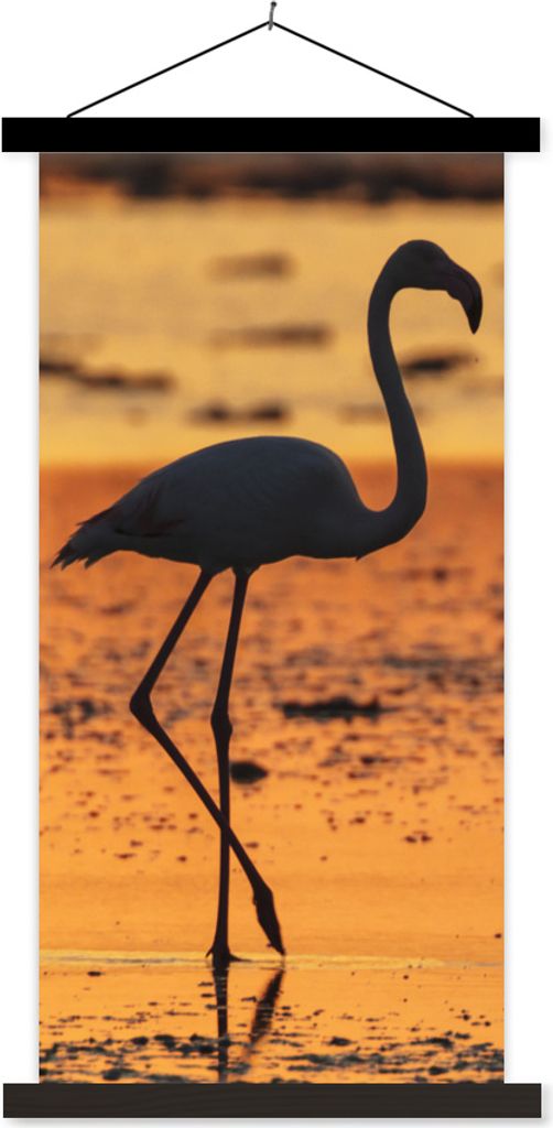 MuchoWow Textilposter Silhouette eines Flamingos bei Sonnenuntergang 90x180 cm mit schwarzem Rahmen - Dekoration Wohnzimmer