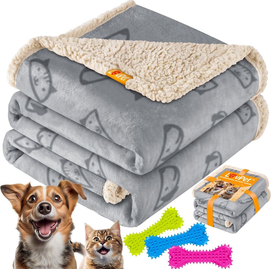 LOVPET wasserdichte Hundedecke, Sherpa Fleece Haustier Decke + 3x Spielzeugknochen, maschinenwaschbar, beidseitiger Sofabezug-Schutz