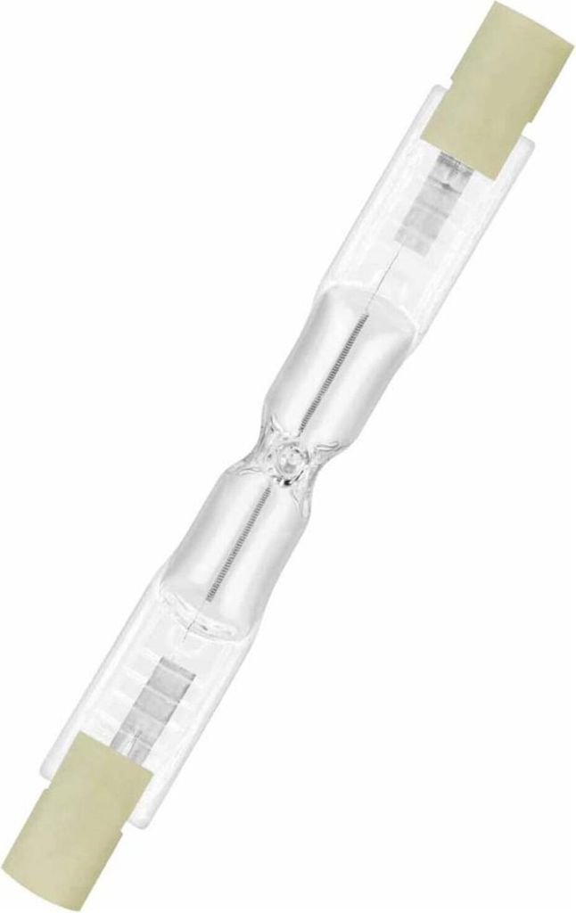 A single linear halogen light bulb against a white background.