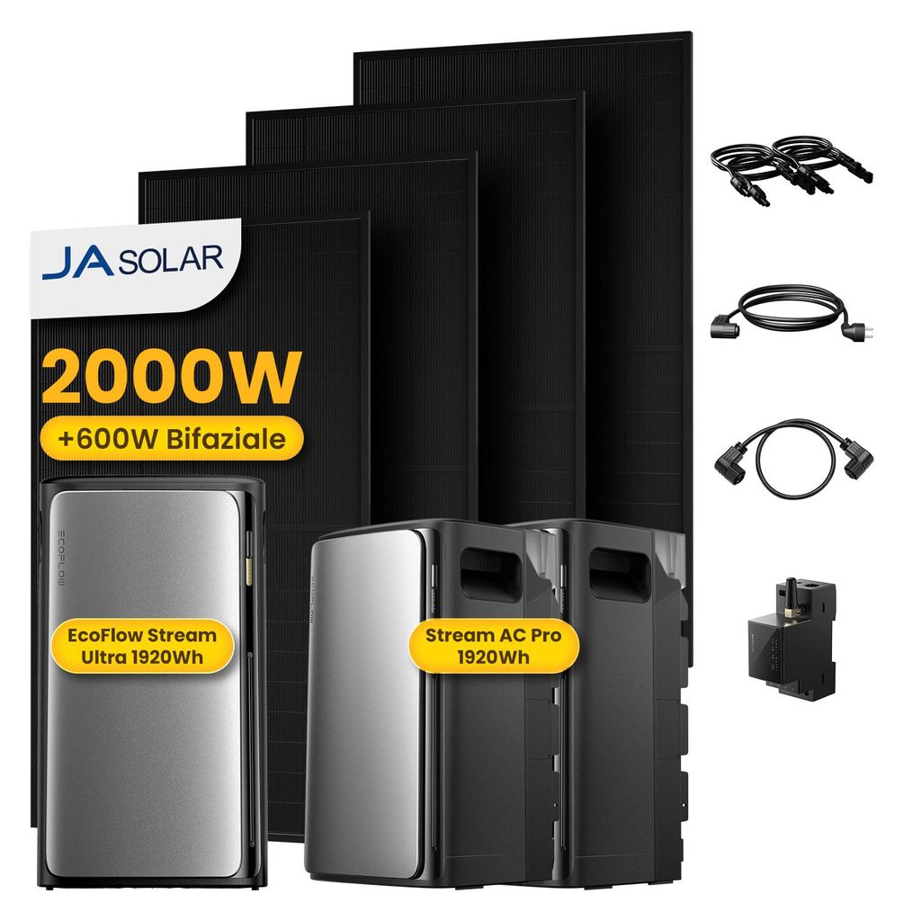 Powerness Balkonkraftwerk mit Speicher,EcoFlow STREAM Ultra Speicher mit 2x STREAM AC Pro Erweiterungsakku und 4x JA Solar 500W Module & Smart Meter