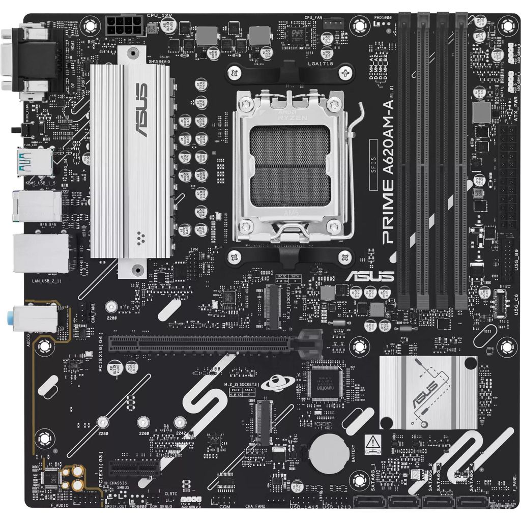 ASUS PRIME A620AM-A-CSM, AMD, Sockel AM5, AMD Ryzen 7000 Series, AMD Ryzen 8000 Series, AMD Ryzen 9000 Series, Sockel AM5, DDR5-SDRAM, 256 GB