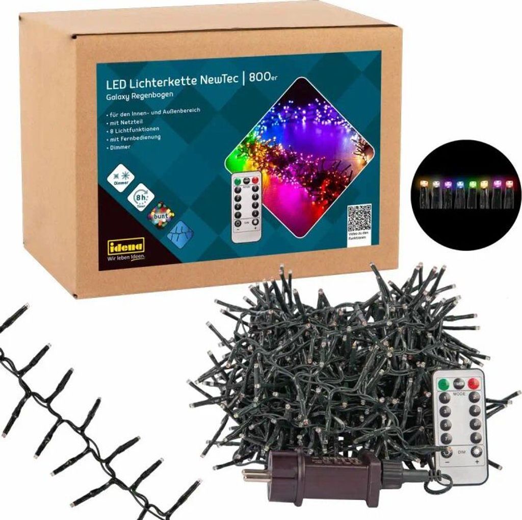 Idena 31109 - NewTec LED Lichterkette für Außen & Innen mit 800 LED, Beleuchtung in Regenbogen-Farben mit 8 Lichteinstellungen, Dimmer, Netzteil ...