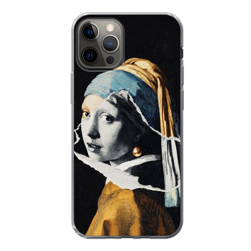 MuchoWow Handyhülle Schutzhülle Hülle für iPhone 13 Pro Mädchen mit Perlenohrring - Gold - Schwarz - Weiß Silikon Softcase Handy Hülle - H...