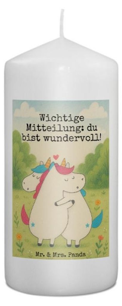 Mr. & Mrs. Panda Bedruckte Kerze Einhorn Mitteilung Design 15 x 7 cm - Weiß - Geschenk, Stumpenkerze, Ehe, Blockkerze, Erinnerungslicht, Liebe, Va...