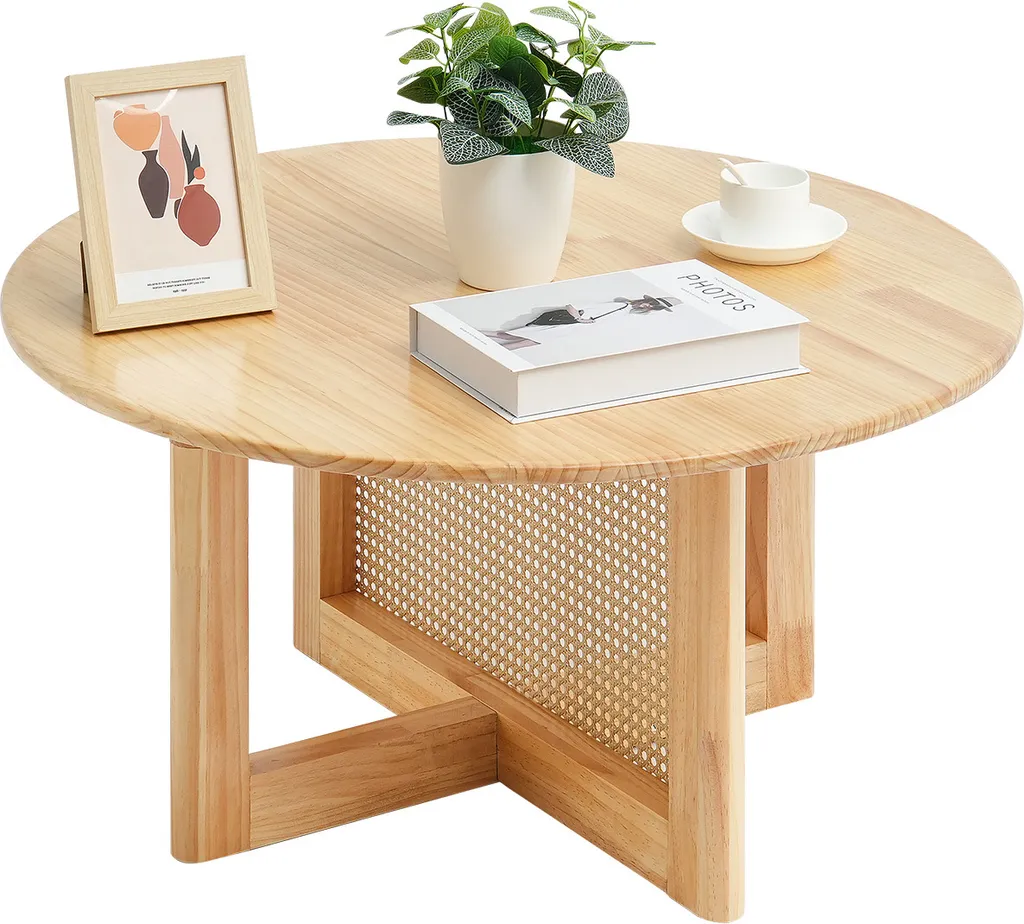 Table basse ronde VEVOR en rotin tressé 85cm et bois d'hévéa massif