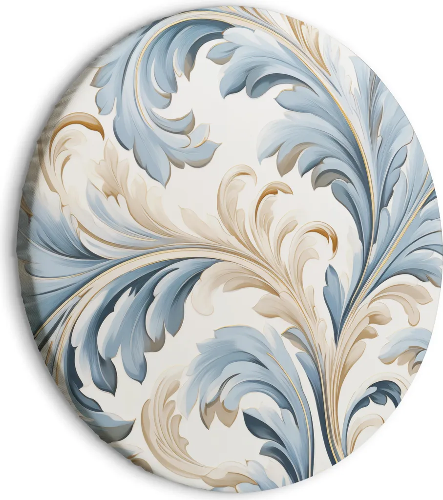 Quadro Rotondo Tela 40x40 - Ornamenti Barocchi Crema e Blu - Made in Italy