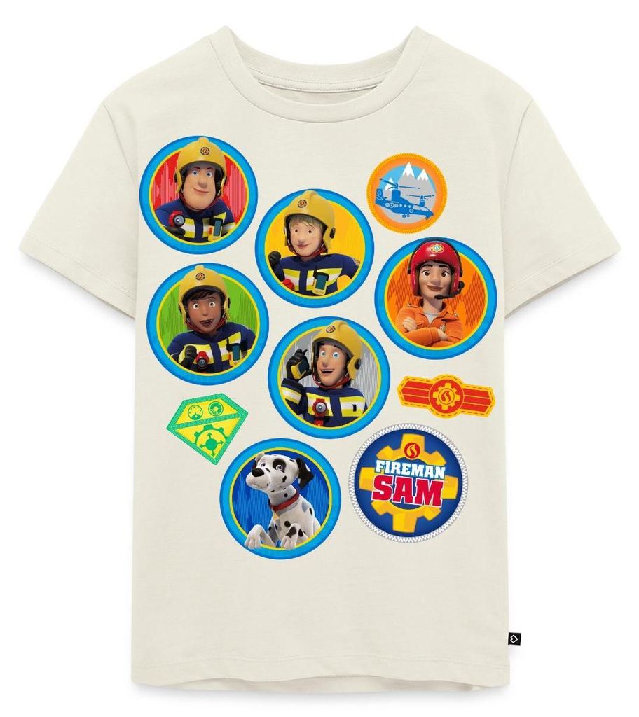 Spreadshirt Feuerwehrmann Sam Patch-Design Vom Ganzen Team Kinder Premium T-Shirt, 122/128 (6 Jahre), Naturweiß