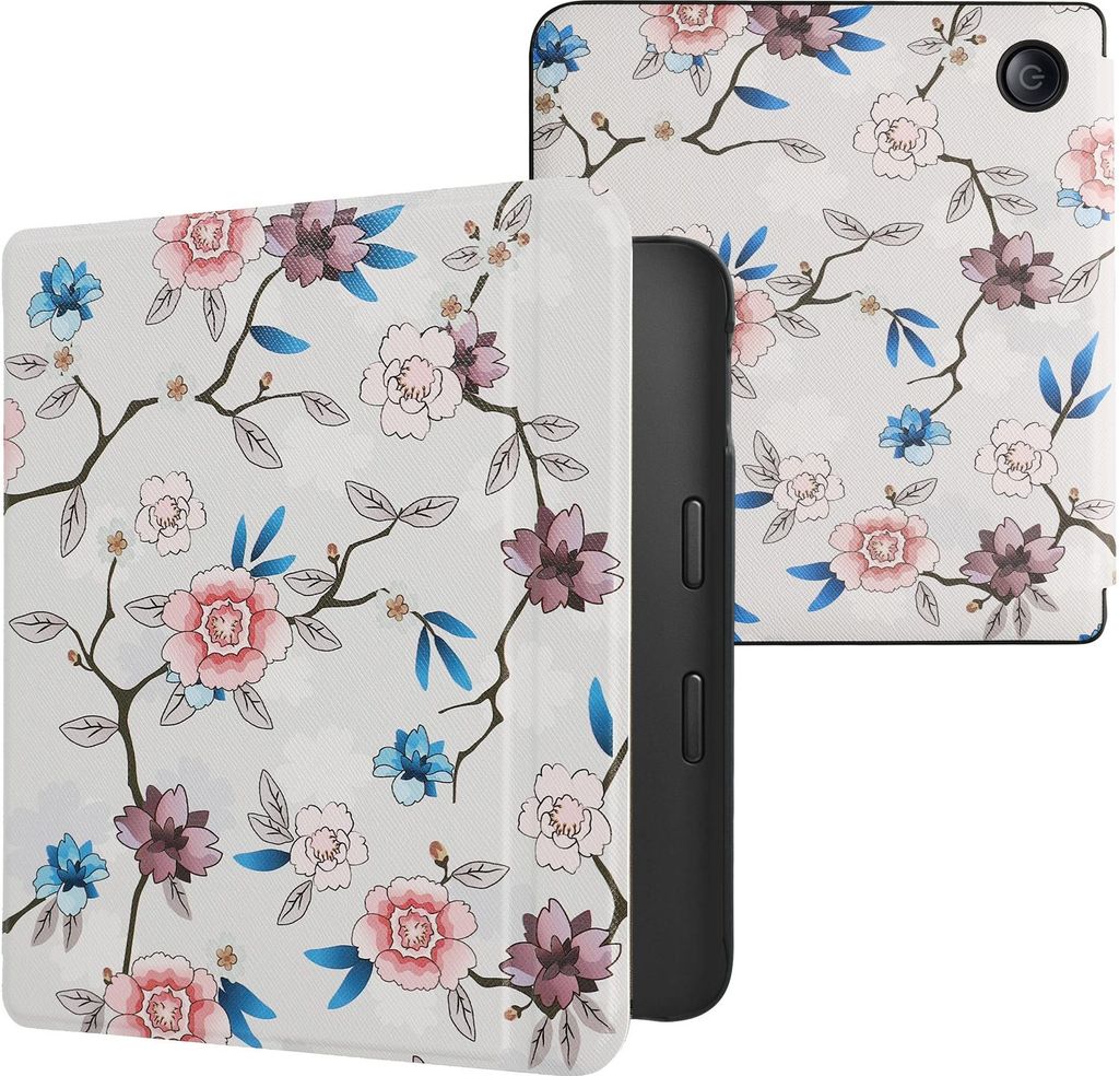 kwmobile Schutzhülle für Kobo Libra 2 Hülle - eReader Flip Case mit Auto Sleep Funktion - Blüten und Blätter mit Weiß Rosa Blau