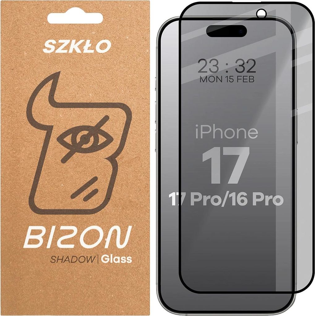 Bizon Glass Edge Shadow Privacy Tempered Glass für iPhone 16 Pro, getönt mit schwarzem Rahmen