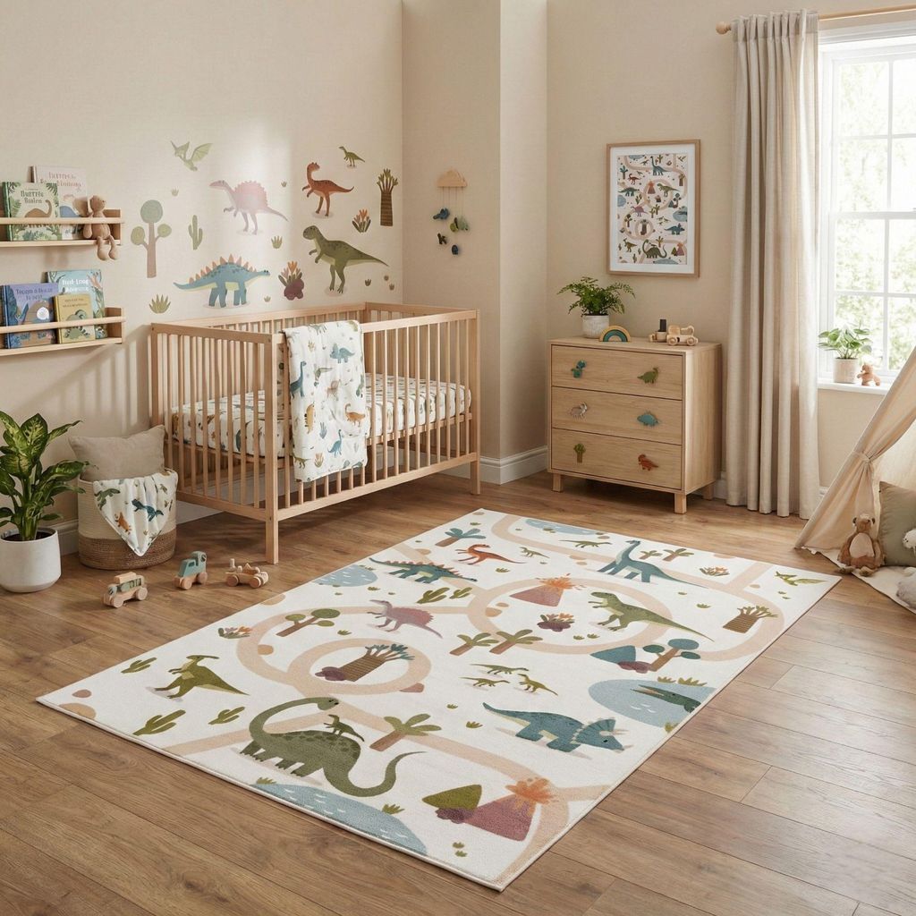 Carpetsale24 Kinderteppich Dinosaurier Spielteppich für Kinderzimmer in Creme Dino Motiv mit Straßen Größe 120x170 cm ideal als Spielteppich