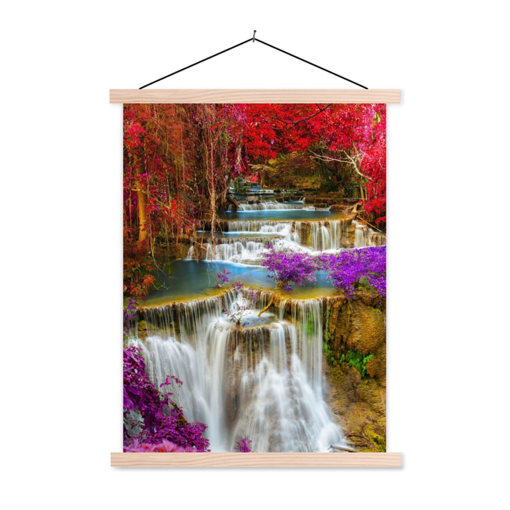 MuchoWow Textilposter Wasserfall - Rosa - Bäume 60x80 cm mit holzfarbenen Rahmen - Wandbild