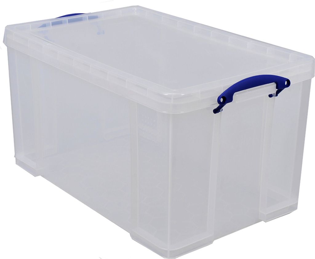 A clear, well-lit studio shot of a transparent plastic storage box with blue handles.