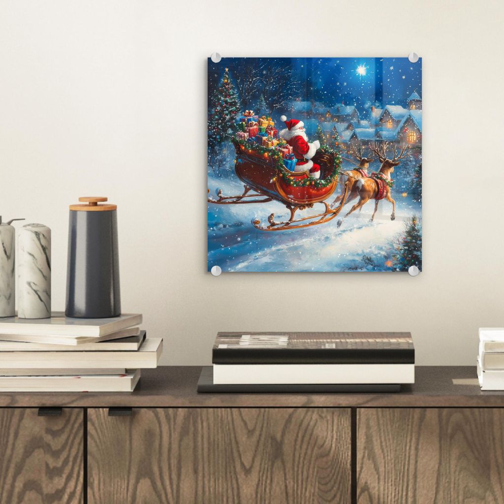 MuchoWow Glasbilder - Bilder auf Wandbild - Foto auf Glas Weihnachtsmann - Rentier - Weihnachten - Schnee 40x40 cm Wanddekoration aus Glas - Acrylg...