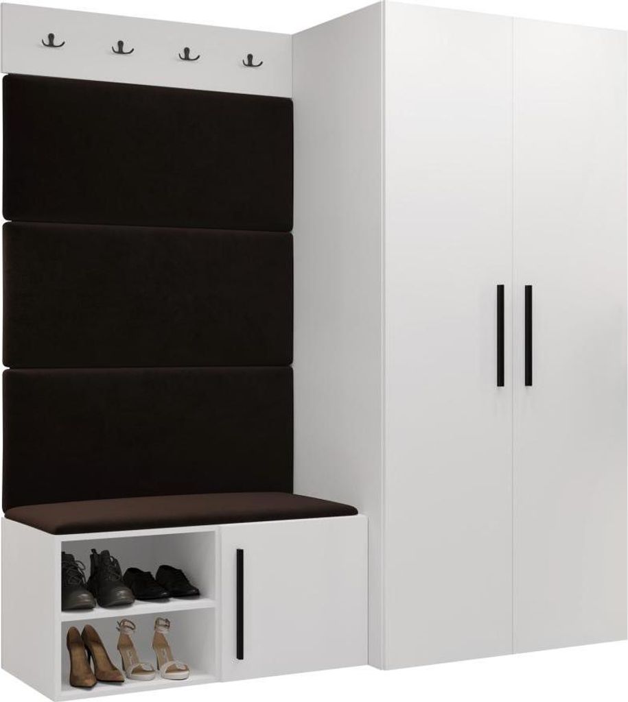 MIRJAN24 Garderoben-Set Medi I, Schuhschrank, Kleiderhakenbrett, 4x Paneel 84x42, 4 Kleiderhaken (Farbe: Weiß, Manila 04)