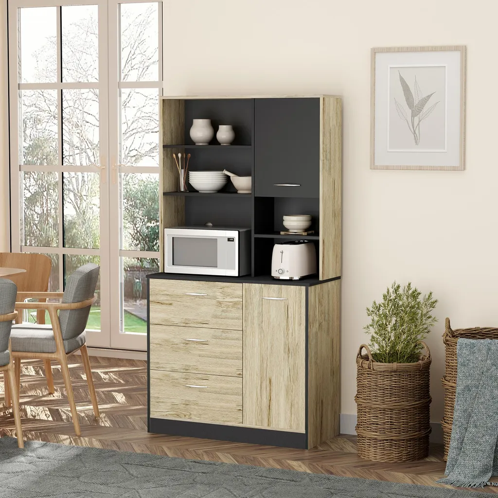 Buffet de cuisine à 2 portes et 3 tiroirs design bois clair et gris chic
