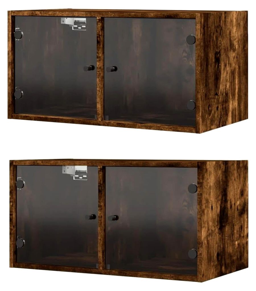 Wandschrank mit Glastür, 2 Stück, Hängeschrank mit Stauraum, Wandregal für Wohnzimmer und Küche, Modern, Räuchereiche Holzwerkstoff