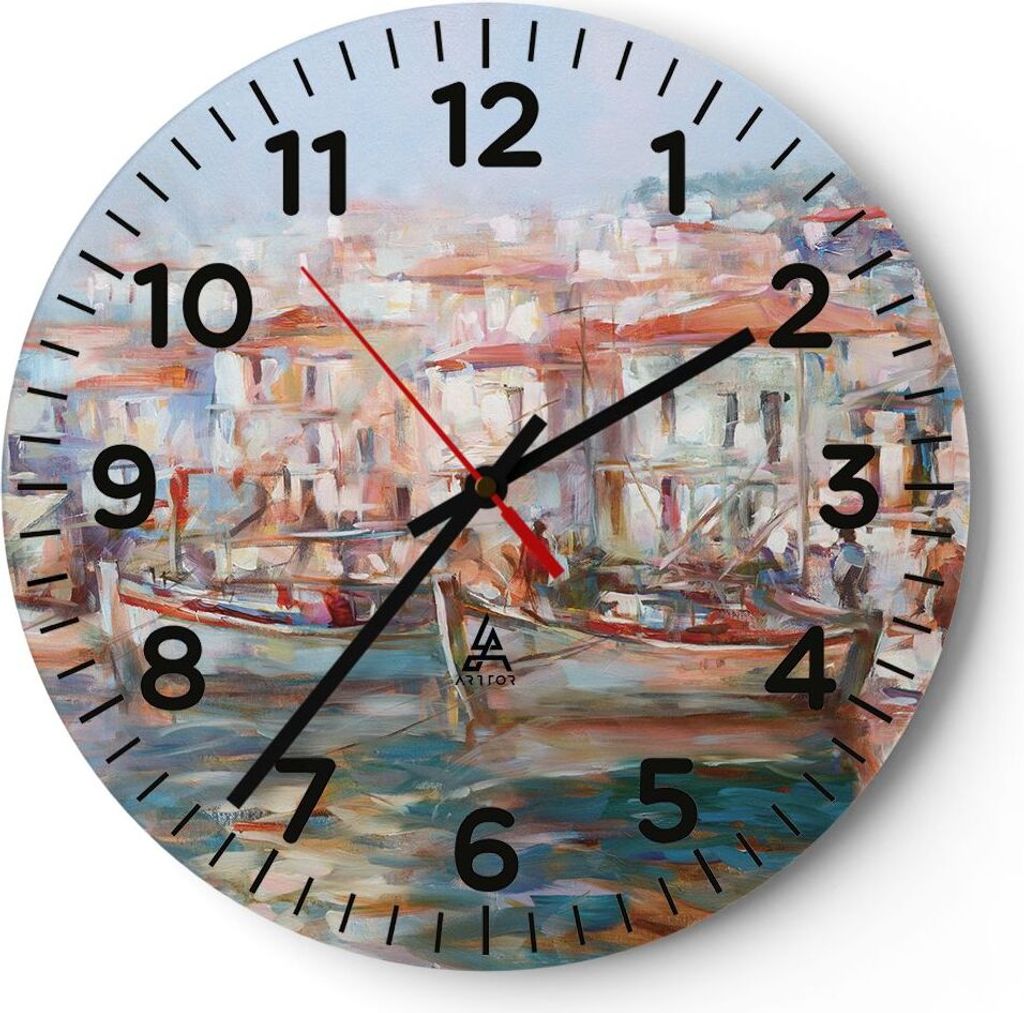 Wanduhr - Rund - Glasuhr - Insel Boote Hafen - 30x30cm - Schleichendes Uhrwerk - Lautlos - zum Aufhängen bereit - Dekoration Modern - Wanddekorati...