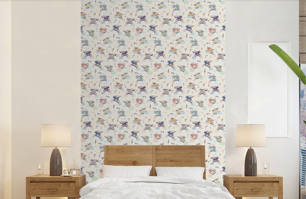 MuchoWow Fototapete für Wohnzimmer oder Schlafzimmer Wandtapete Vinyl Motivtapete Einhorn - Regenbogen - Muster - 190x300 cm - Kinderzimmer