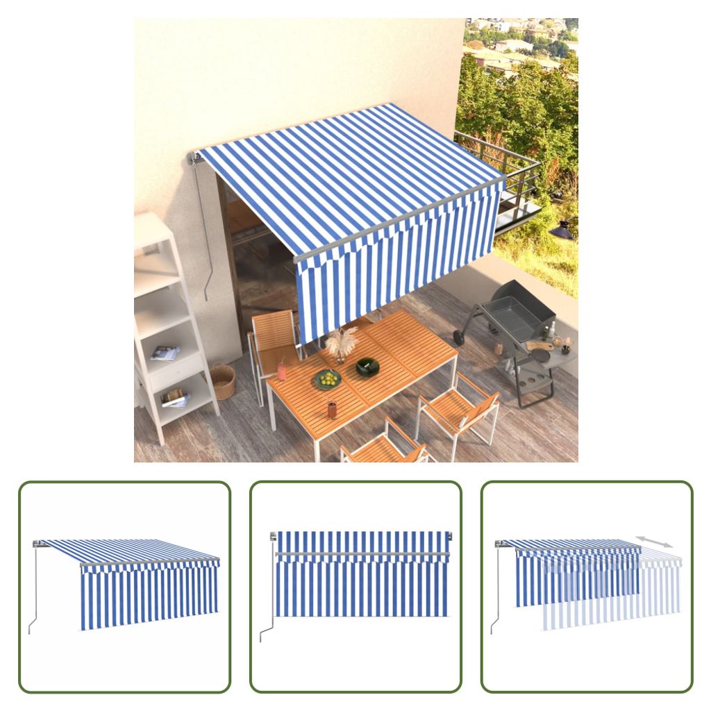 The Living Store Markise Manuell Einziehbar mit Rollo 3,5x2,5m Blau & Weiß